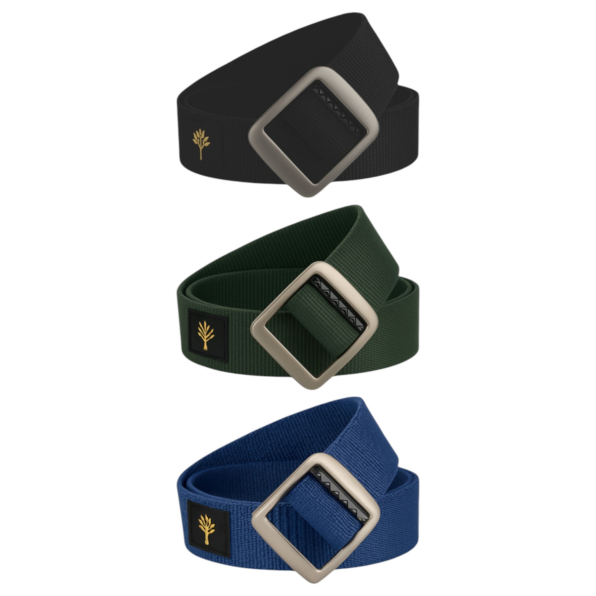 Mens black, navy and khaki ratchet buckle belt with metal square buckle